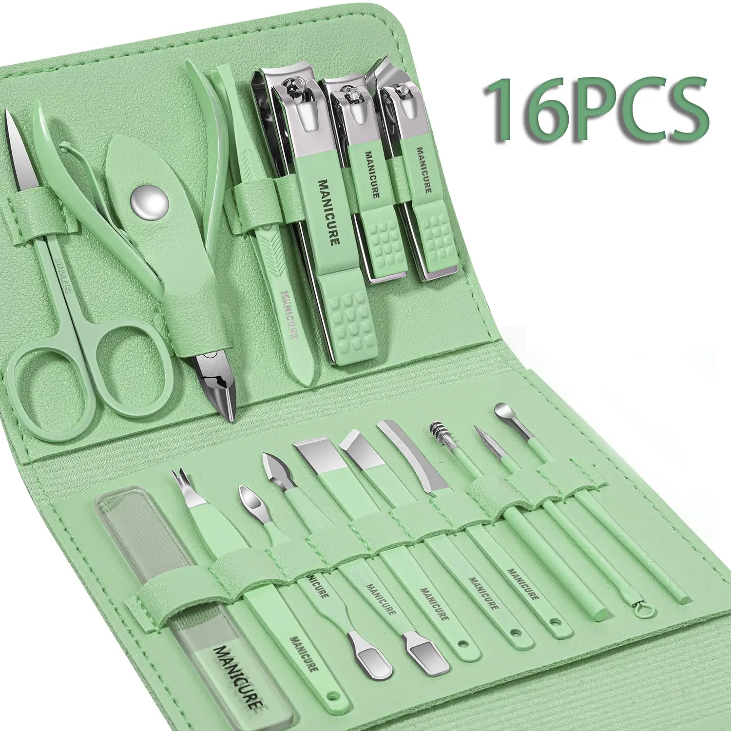 16-Piece Stainless Steel Manicure Tool Kit - Removable Handle, Cuticle Pusher, Nail Nipper, Eyebrow Tweezers, Smooth Finish, Unisex Daily/Travel Size Hand Tool Set, Ideal Gift for Adults