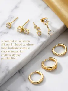7 Pieces - 18K Real Gold Plated Brass, Stylish and Elegant Earrings, Premium Versatile Jewelry Set for Women #Jewelry & Accessories/Brass/Fade-Resistant/Hypoallergenic/Couples/Festivals/Parties/Ideal Gift