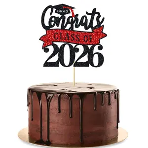 1 Pack Congrats Class of 2026 Cake Topper with Glitter Bamboo Diploma Graduation Cap Cake Pick for 2026 Graduation Theme High School Graduate Party Cake Decorations Supplies