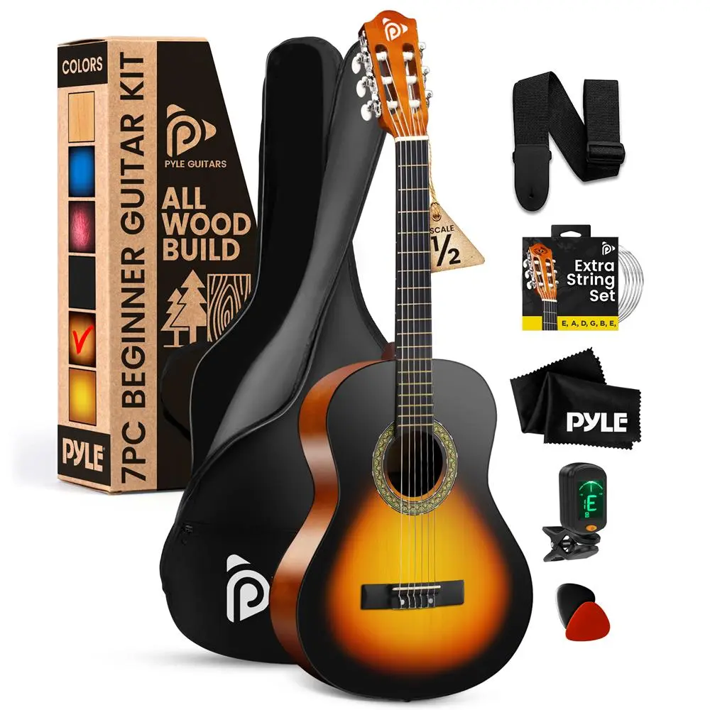 34in Acoustic Guitar Full Set for Beginner Kids - Classic Shape All-Wood Sunburst Design, 18 Frets, Detachable Shoulder Strap, Cleaning Cloth, CR2032 Battery, Chrome 3-in-Line Digital Tuner