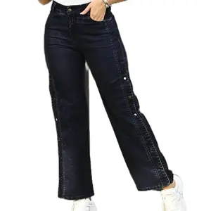 Women's High-Waisted Wide-Leg Jeans with Side Buttons and Frayed Hem for Casual Style