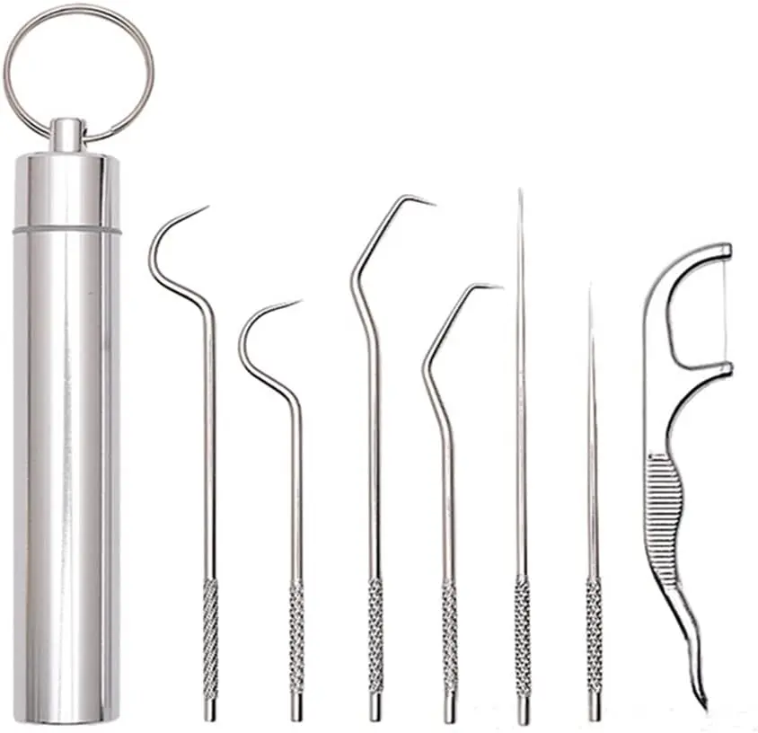Dental Pick Portable Stainless Steel Tooth Pick Set Reusable Tooth Stains Remover Dental Tool Teeth Cleaning Tools with Holder for Outdoor Picnic, Camping, Travel (7PCS/Set)