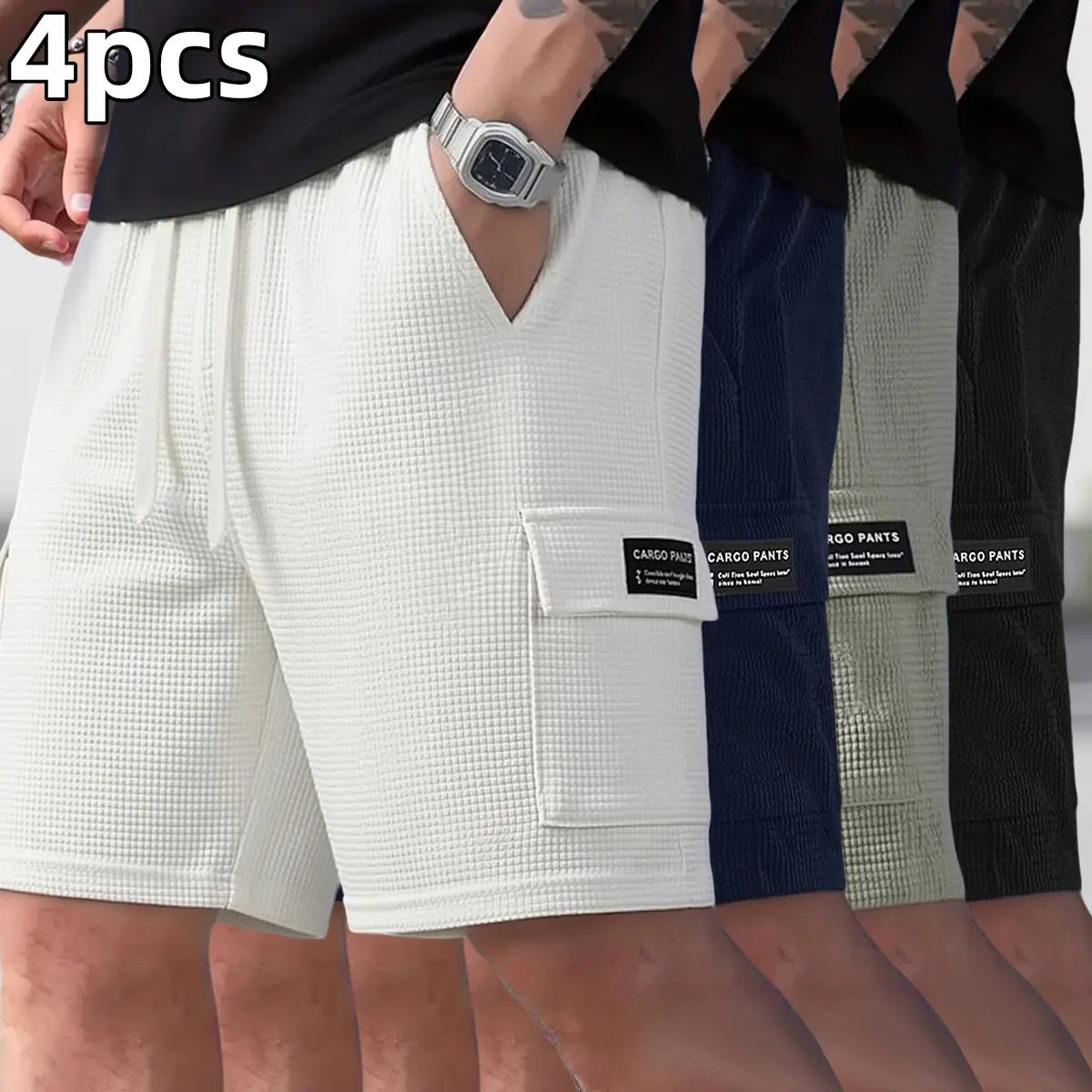 Pack of 4 men’s summer casual cargo shorts — relaxed fit, quick-dry fabric, multi-pocket design, solid color, breathable and comfortable, suitable for outdoor activities and everyday casual wear at home.