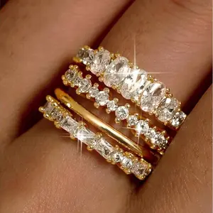 14K Gold Plated Stackable Ring Set for Women, 4 Count Dainty Cubic Zirconia Bands, Non-Tarnish Minimalist Wedding & Promise Rings, Size 5-10