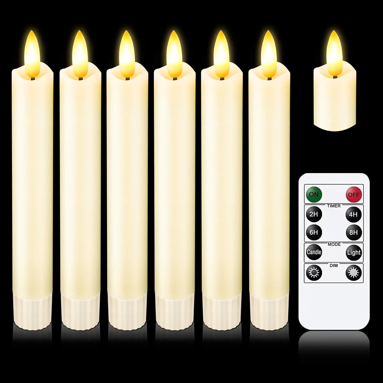 KSWING Upgraded Real Wax Short LED Flameless Taper Candles with Remote, 6 PCS White Candlesticks Battery Operated 3D Flickering - 6" Realistic Fake Candle Sticks for Home
