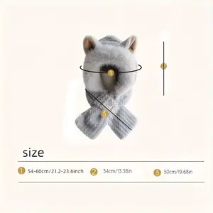 Women's Upgraded Thick Plain Cotton Unisex Hooded Scarf Hats Set - Plush Neck Warmer with Cartoon Ears, Fashion Matching Keep Warm Accessory, Fashion Matching Hat