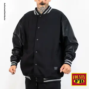 FB COUNTY Men's Varsity Jacket Heavyweight Leather Sleeves Jacket Button Up Casual Hip Hop Lowrider Los Angeles Street Wear Cotton Plain Striped Black