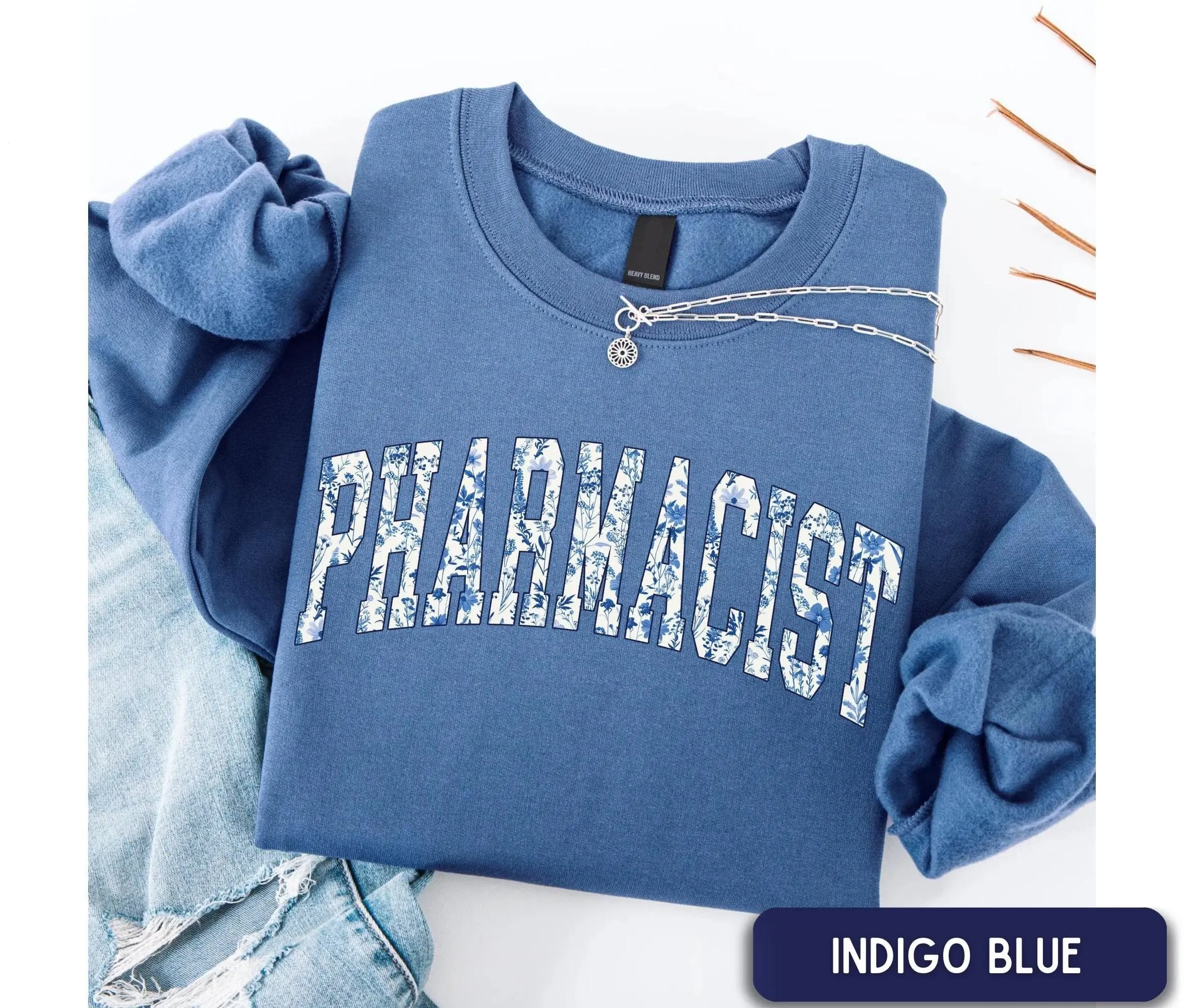 Women's Ribbed Floral Longsleeve Cotton Pharmacist Sweatshirt - Fitted Comfortable Breathable Apparel, Drawstring Fleece Hoodie, Pharmacy Tech Work Gift, Casual Everyday Wear