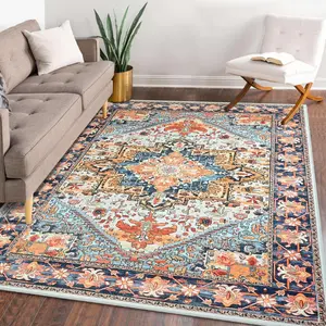 6'x9' Washable Vintage Area Rug Boho Chic Medallion Distressed Design Non-Shedding Easy Care Ideal for High Traffic Areas in Living Room Bedroom Kitchen Office Large Carpet