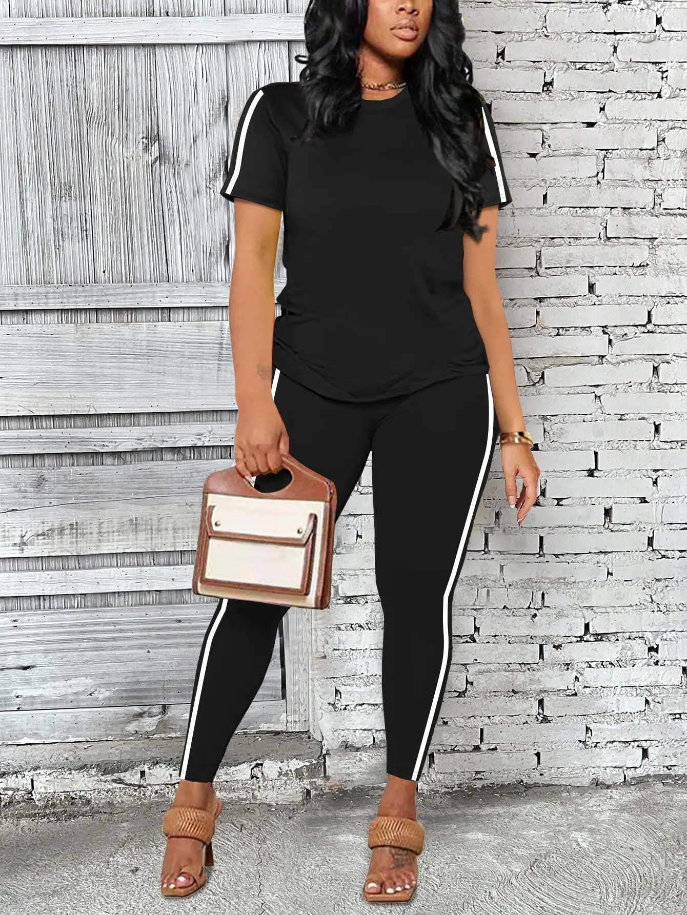 Women's 2-Piece Striped Lounge Set - Short Sleeve Top & Long Sweatpants, Plus Size Matching Sets for Women, Sporty Chic Comfy Outfit, Summer Athleisure Clothes, Comfortable Versatile Striped Look, Comfy Sets, Casual