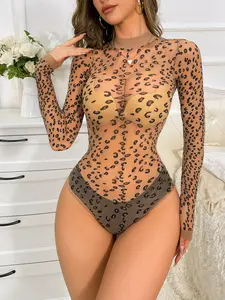 Women's Sexy Lingerie Set - Leopard Print Mesh Bodysuit with Long Sleeves and High-Waisted Shorts Womenswear Everyday Lace Detail Compression Pieces Style Love