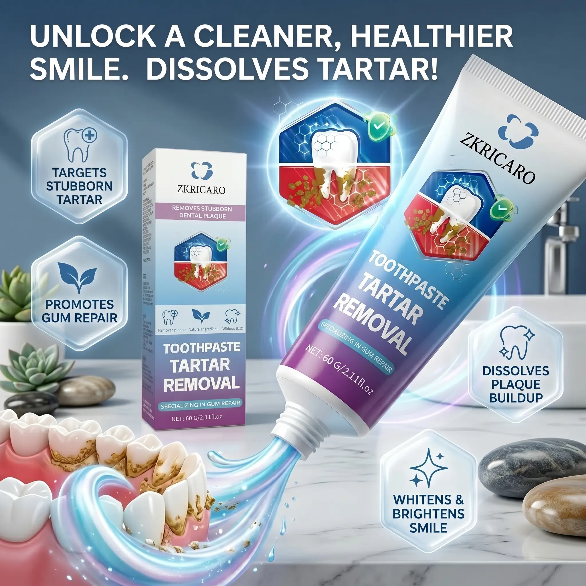 ZKRICARO Natural Teeth Whitening Toothpaste (60g, 24 Month Shelf), Low Tox Lifestyle Option, Tartar & Plaque Removal, Gentle Gum Repair & Polish, Sensitive Teeth Safe, 12h Mint Fresh Breath, Smoker Stain Remover, Oral Care Solution