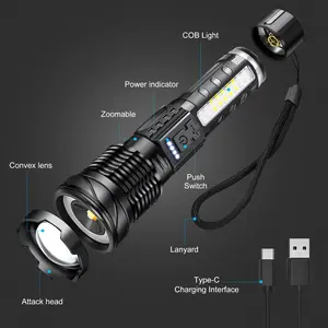 4 New High-Brightness LED Flashlights, Fast Type-C Rechargeable, Outdoor Lighting Flashlights with Side Light, Red and Blue Warning Lights, Powerful Flashlights, with Pen Holder Strip for Fishing, Cycling, Mountaineering, Home Emergency Lighting
