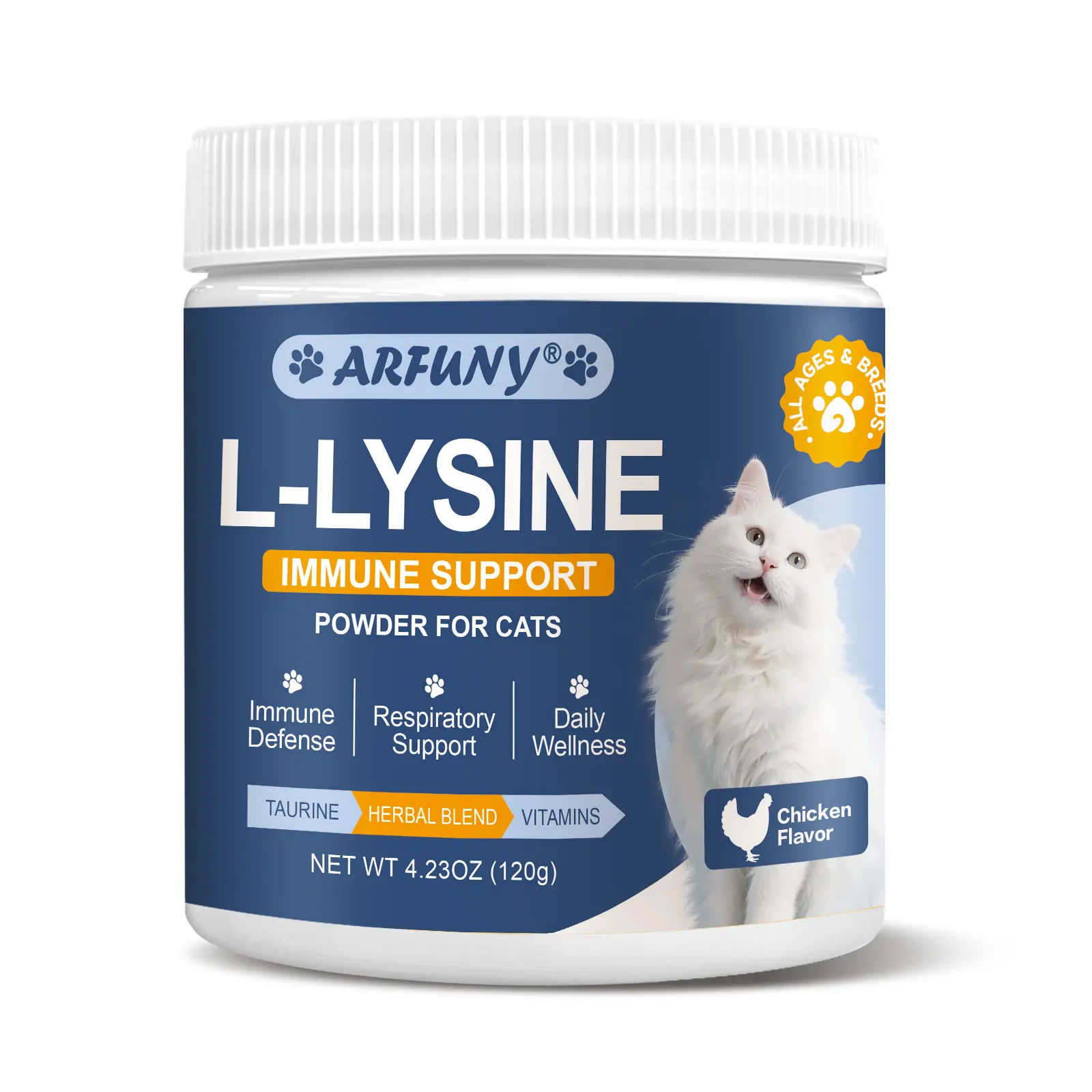ARFUNY Vet-Formulated Cat L-Lysine & Taurine Multivitamin Powder, All-in-1 Daily Adult Cat Supplement, Supports Immunity, Respiratory Health, Vision, Heart Care & Eye Care, Natural Chicken Flavor, No Artificial Additives