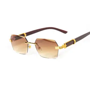 Woodgrain Brown Tint Retro Rimless Men's Elegant Gold Frame Hip Hop Sunglasses