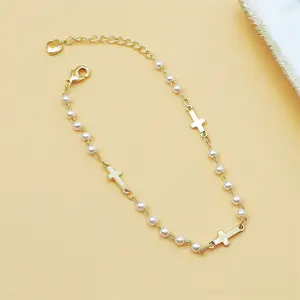 Stainless Steel Dainty Charms Bracelet - Unisex Sports Wristband with Cross Beads, Imitation Pearls, Religious Baptism Easter Gift (Cross Beads Bracelet)
