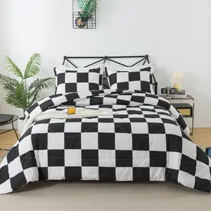 Black White Comforter Set  Size, Checkered Plaid Comforter Bedding Set, Fluffy Grid Plaid Comforter  Decor for  Seasons