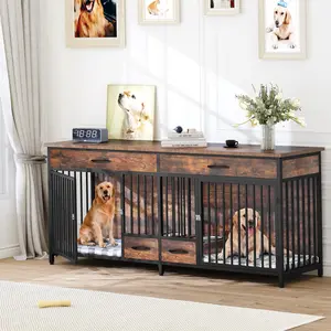 DWVO 91.3" Double Large Dog Crate Furniture with Dog Feeder, Large Dog Kennel Indoor with Drawers, Heavy Duty Wooden Dog Crate with 2 Room Divider for 2 Medium Large Dogs