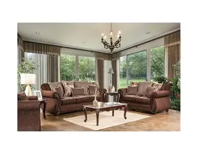 SM6109 Tabitha Brown Chenille Dark Cherry Wood Trim Traditional Sofa and Love Seat Set