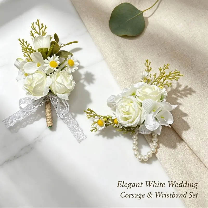 2-Piece White Artificial Rose Boutonniere + Wrist Corsage Set, Corsage And Boutonniere Set, Elegant Bridal Wedding Prom Party Floral Accessories for Groom Bride Bridesmaid, Flower Accessories