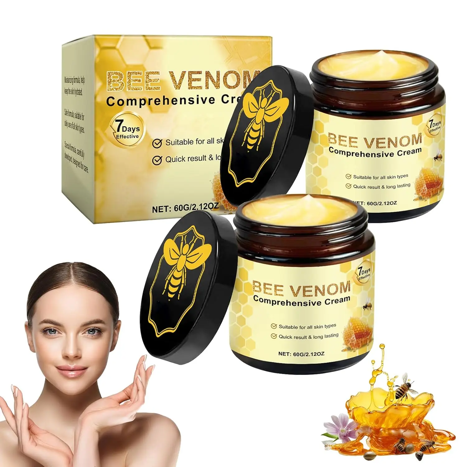 Anti-Wrinkle Bee Venom Cream with Manuka Honey & Hyaluronic Acid, Daily Face Moisturizer for Skin Repair & Firming, All Skin Types, 60g, Moisturizers