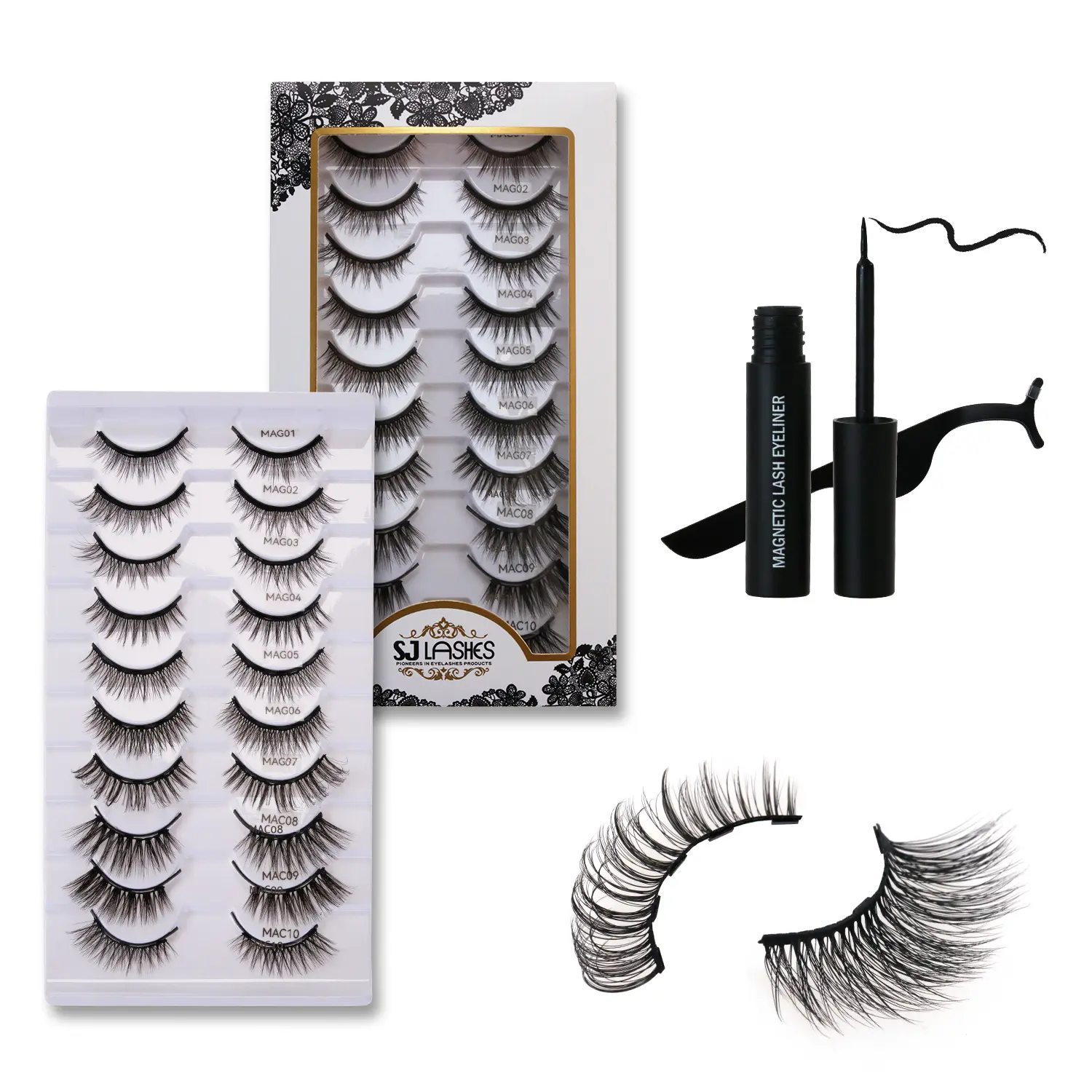 SJ LASHES Magnetic Eyelashes Kit, 10 Pairs Left-Right Clusters, No Glue Reusable, Waterproof Makeup Cosmetic, Natural Cat Eye Effect, with Eyeliner & Tweezers for Daily Sensitive Eyes, Natural Curl Lashes