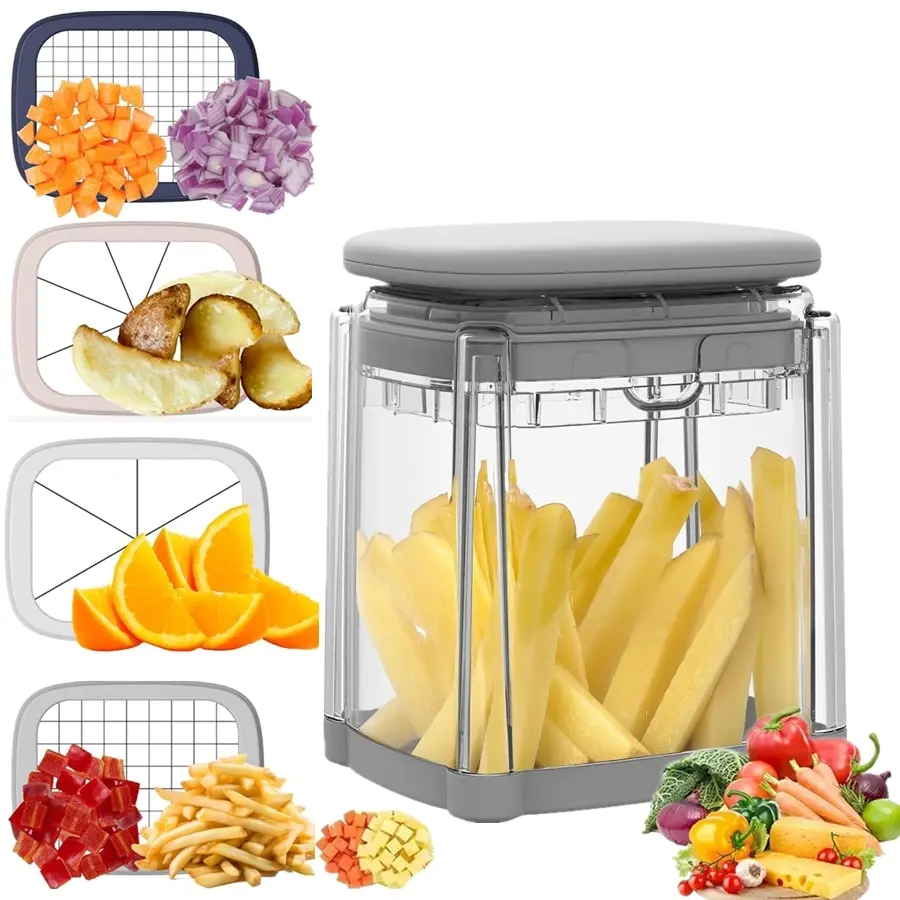 1 Count French Fry Cutter, 4 in 1 Vegetable Chopper, 4 Interchangeable Blades, Crystal-Clear Container with Non-Slip Base, Kitcehn Tool, Makes French Fries and Chops Vegetables, Vegetable Slicer, Food Veggie Cutter, Veggie Chopper