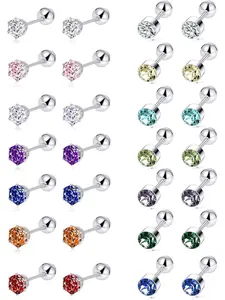 14 Pairs Flat Back Earrings for Women Girl Surgical Steel Earrings Hypoallergenic Cubic Zirconia Stud Earrings Set Birthstone Earrings Silver Earrings Piercing Cartilage Sleeper Earrings