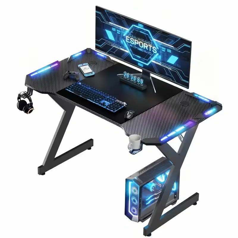 HORTIVIX RGB LED Gaming Desk, Carbon Fiber Ergonomic PC Workstation with Cup Holder, Headphone Hook, Reinforced Adjustable Y-Shape Legs, Easy Assembly for Gaming, Home Office Use familyfun