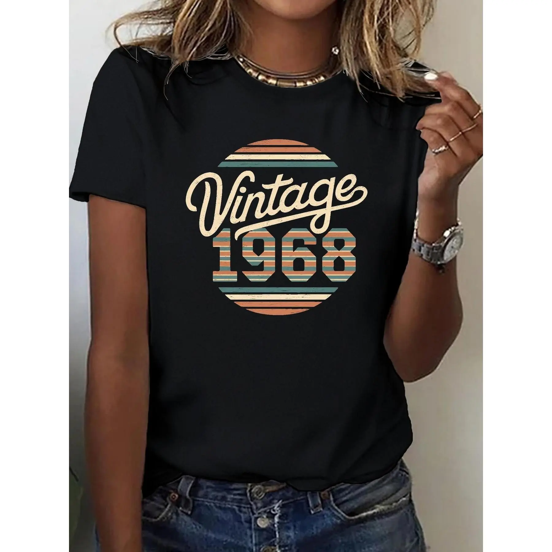 Vintage 1968 Graphic Tee for Women 180g Black Short Sleeve Retro Print T-Shirt Crew Neck Casual Summer Tops Comfortable and Stylish Women's Graphic Tees Perfect Gift for 55th Birthday Celebrations Fashionable Vintage 1968 T-Shirt for Every Day Wear