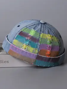 Rainbow Hand-Drawn Vintage Denim Hat, Worn Look Frayed Edges, Colorful Striped No Brim Cap, American Retro Street Style, All Seasons Wear