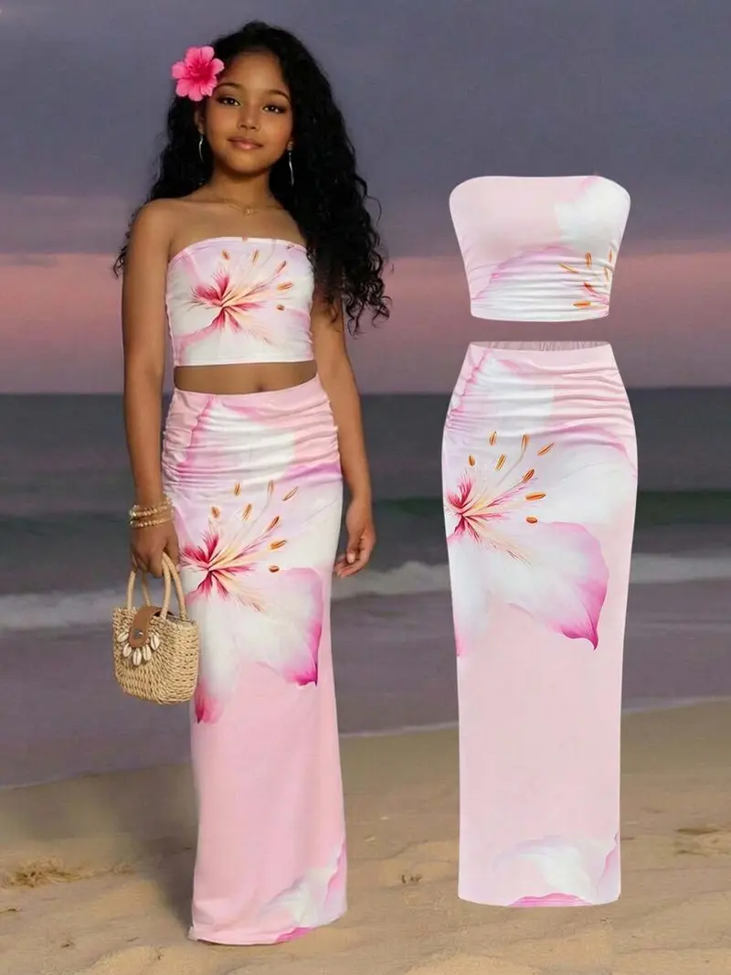 Tween Girl Tie-Dye Floral Print Fitted Casual Comfortable Tank Top And Mini Skirt Set