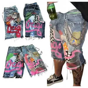 shorts for summer  jean shorts men  fashion Gothic Punk Skull Letter Pattern Patchwork Shorts Men Y2k Streetwear Pants Hip Hop Fashion Denim Shorts Summer New Hot Sale Menswear Trouser Tropical