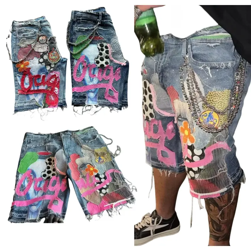 shorts for summer  jean shorts men  fashion Gothic Punk Skull Letter Pattern Patchwork Shorts Men Y2k Streetwear Pants Hip Hop Fashion Denim Shorts Summer New Hot Sale Menswear Trouser Tropical