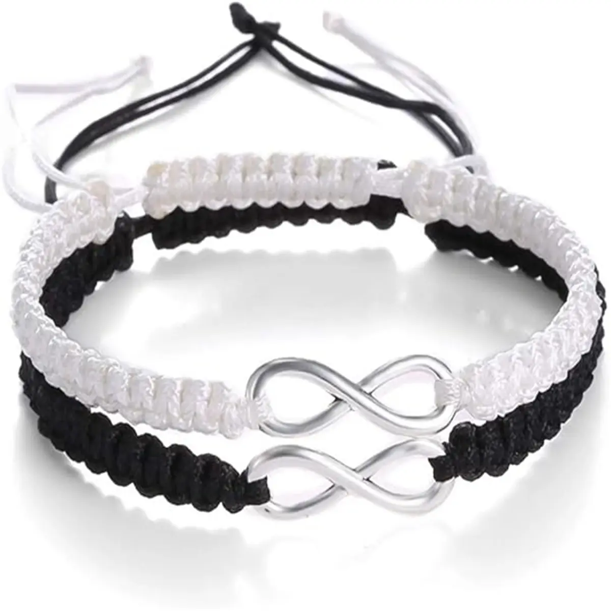 Braided Couple Bracelets 2-Set, Stainless Steel Infinity Symbol Leather Rope Bangles with 7-9" Adjustable Chains - Valentine's Day Gift for Long Distance Husbands, Matching Sets