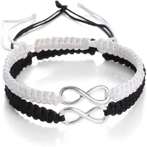 Valentine Gift 2 Set Stainless Steel 8 Infinity Couple Bracelet Braided Leather Rope Bangle Wrist Adjustable Chain Fit 7-9 Inch for Lover Friendship