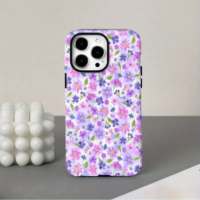 This durable, shock-absorbing, glossy 2-in-1 phone case features a spring-themed floral watercolor pattern in purple tones. It's compatible with iPhone 17, 16, 15, 14, 13, 12, 11, X, and Samsung models. A perfect holiday gift for friends or family.