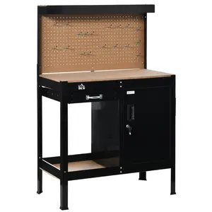HOMCOM Multipurpose Workbench, Workshop Tool Table with Slide Drawer. Peg Board, Storage Cabinet with Keys