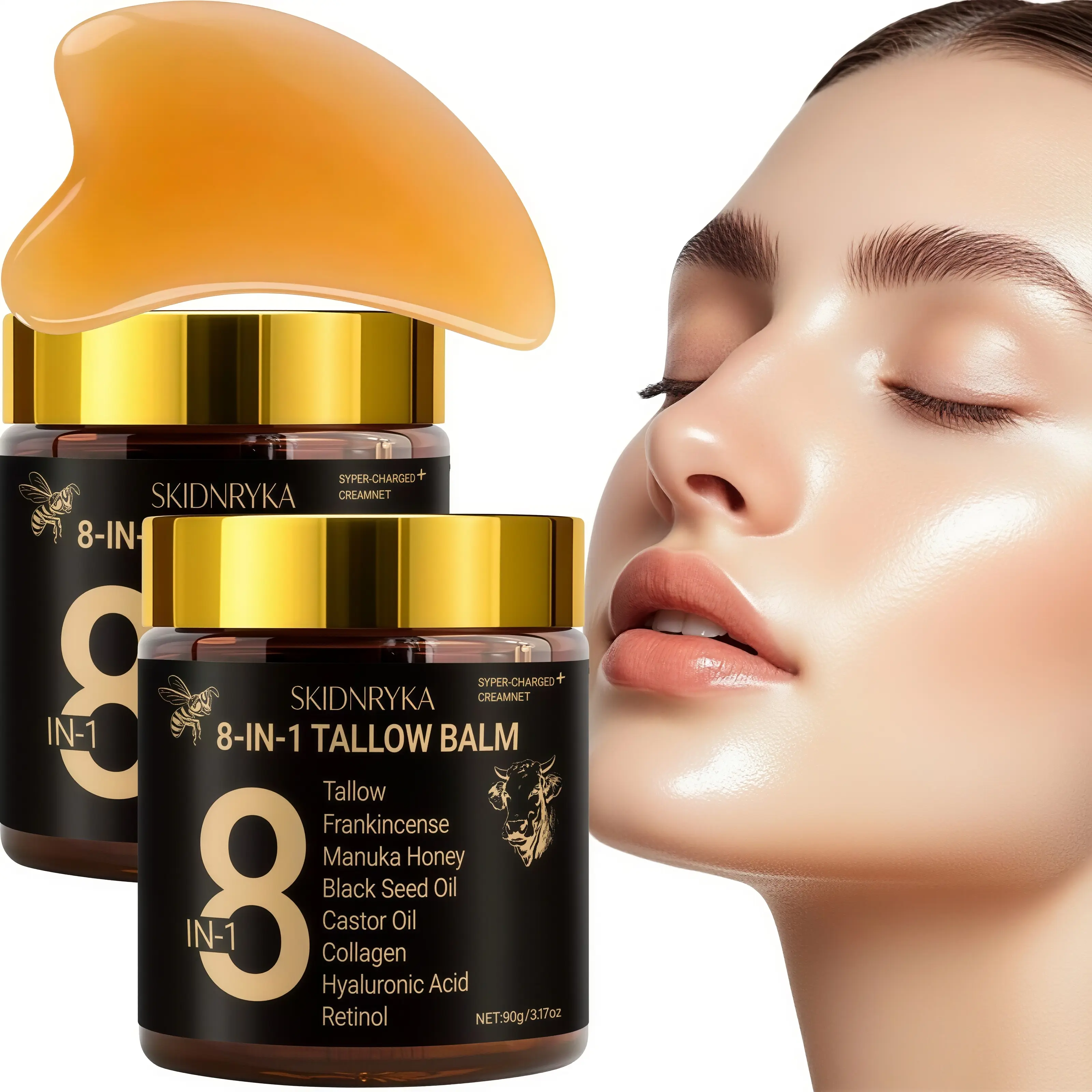 8-in-1 beef tallow face cream, includes a scraper; contains hyaluronic acid and collagen; deeply moisturizes skin, smooths and firms; suitable for face, neck, and body; ideal for daily facial care and women’s skincare; morning and evening cream.