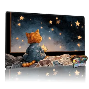 Whimsical Orange Cat with White Face Tail in Blue Star Pajamas MTG TCG Playmat 12x24inch Game Mat Table Mat for Trading Card Games, Perfect Gift