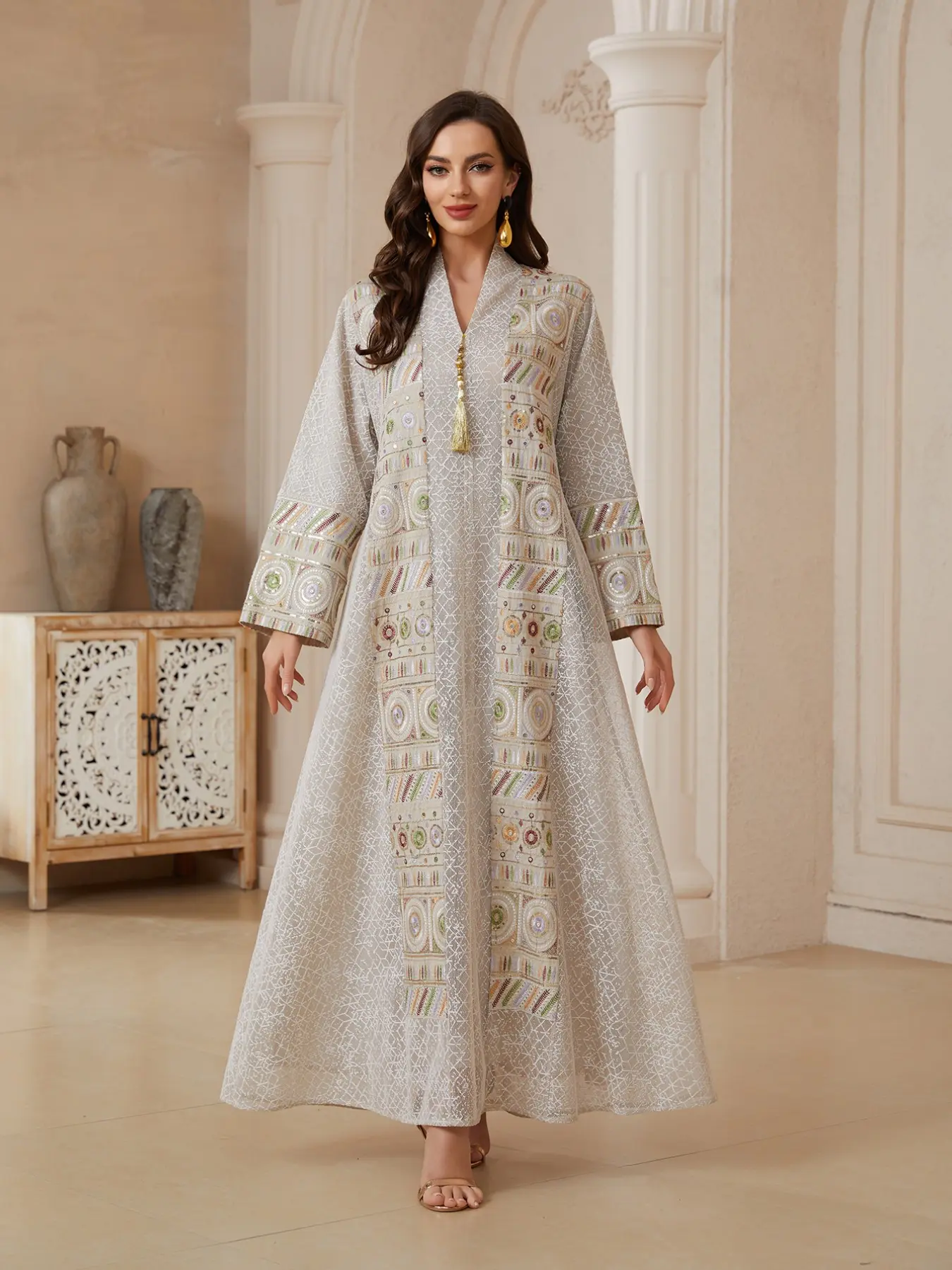 Elegant Chic Women's Middle Eastern Style Jalabiya Dress, Bubu Kaftan Dress, Long Sleeve Stand Collar Maxi Dress, Beaded Sequins Patchwork Design, Beaded Embroidery Dress, Traditional Womenswear