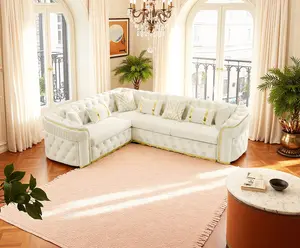 110.5" Luxury Italian Velvet L-Sofa Set -Chesterfield Sofa  – Oversized curved arm sectional with button tufting, gold stainless steel accents, and 7 pillows. for living room furniture transformations Flannelette Corner sofa