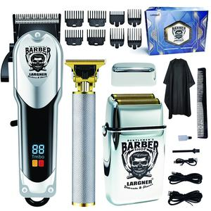 Professional Men's Hair Clipper Set, Barber Clippers, Silver Color, High Power Electric Shaver, USB Fast Charging, Battery Display, Portable Storage Box