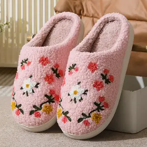 Comfortable Home Cotton Slippers with Cute Colorful Flowers for Men Women Warm Indoor Winter Footwear Flipflop