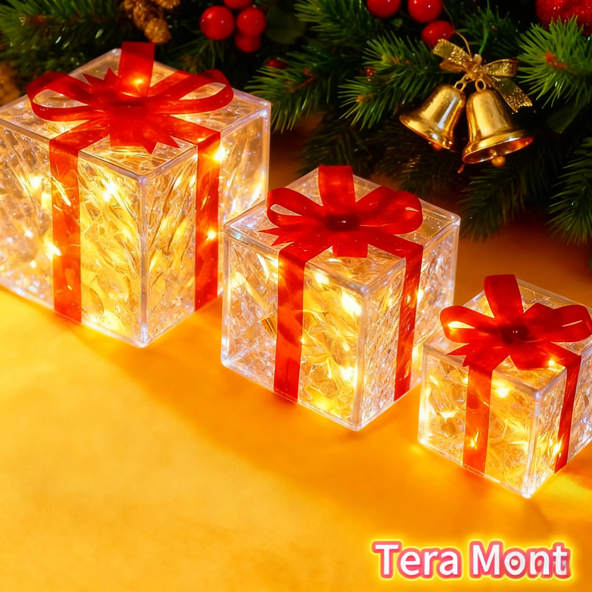 3-Pack Christmas Lighted Gift Boxes, Large Medium Small, One Continuous 60-LED String, AA Batteries Not Included