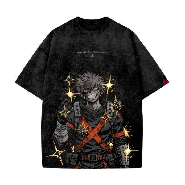 Vintage Washed My Hero Academia Bakugou Katsuki T-Shirt, Oversized Retro Distressed Anime Graphic Tee, Harajuku Streetwear Y2K Aesthetic, 100% Cotton Casual Short Sleeve Top, Japanese Manga Print Summer Outfit for Men Women, Trendy Gift for MHA Anime Fans