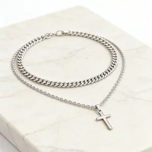 Men's Layered Titanium Steel Cross Pendant Necklace - Daily & Street Style Stacked Jewelry gift accessories