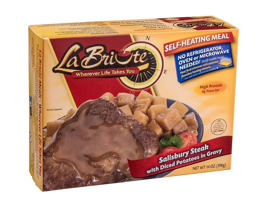 LaBriute Meals Salisbury Steak with Diced Potatoes – Self Heating Ready to Eat Entrée w/Snack |46g Protein, Low-Calorie Pre-Packaged Lunch or Dinner | Shelf Stable, Fully Cooked, No Refrigeration Needed|Glatt Kosher | 12 oz Serving