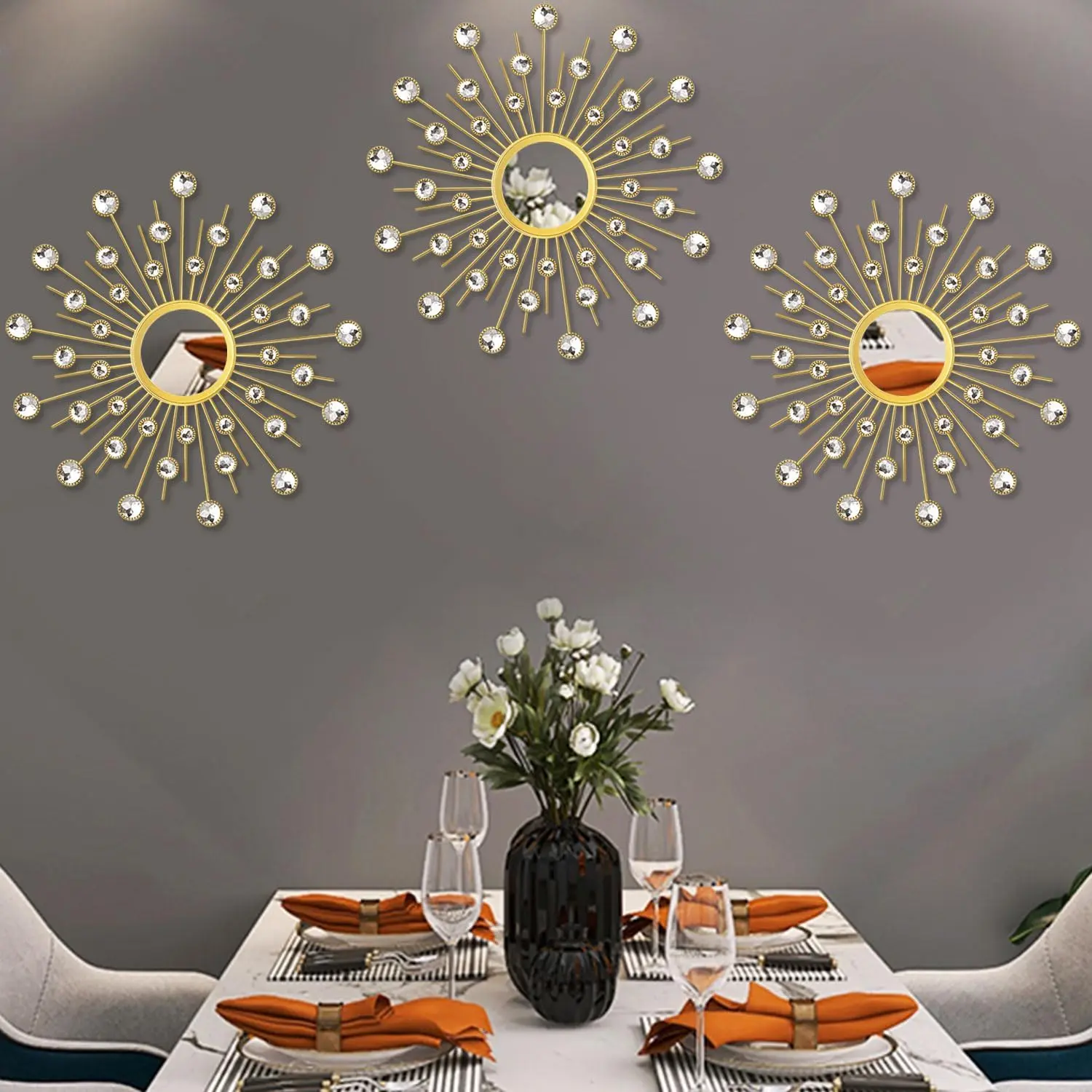 3 Pack  Sunburst Wall Mirror Decor Rhinestone Mirrors Decorative Home Wall Art for Living Room Bedroom Entryway( ) JianShuLuxe