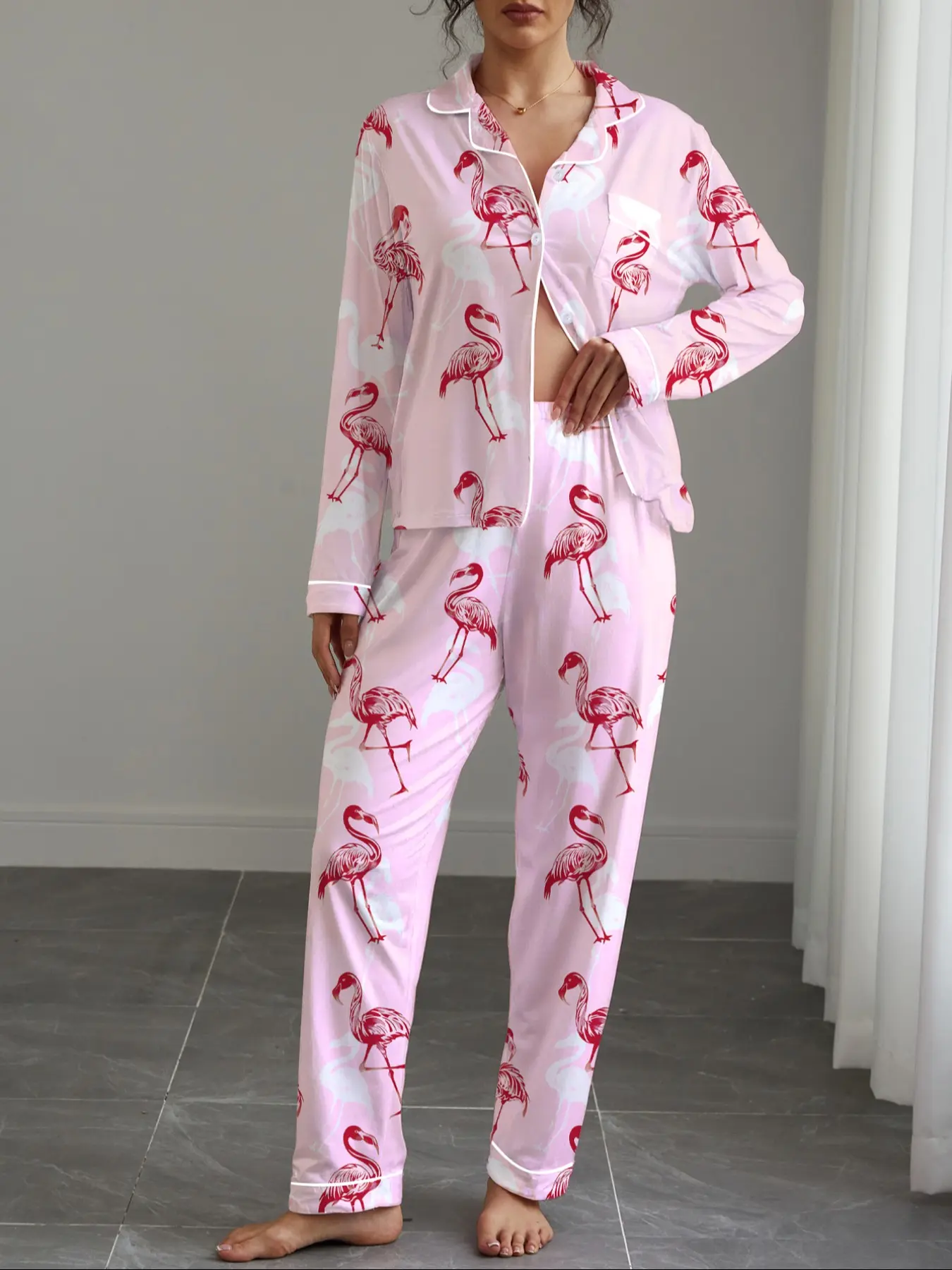Women's Long Sleeve Sleepwear Set, Flamingo Print, Elegant Casual, Comfortable Lapel Top & Wide Leg Pants, Holiday Party Wear, Pajamas